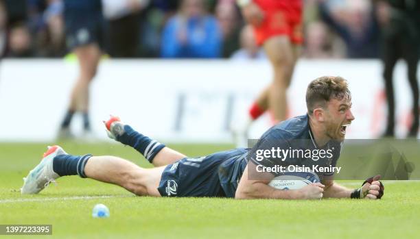 Hugo Keenan of Leinster celebrates after scoring his side's fourth try during the Heineken Champions Cup Semi Final match between Leinster Rugby and...