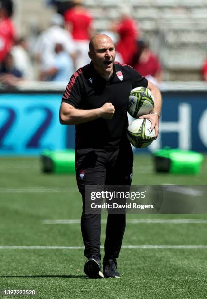 Pierre Mignoni, the Lyon head coach, shouts instructions during the EPCR Challenge Cup Semi Final match between Lyon and Wasps at Matmut Stadium on...