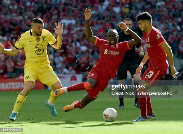 Sadio Mane of Liverpool Chelsea's Mateo Kovacic during The FA Cup Final match between Chelsea and Liverpool at Wembley Stadium on May 14, 2022 in...