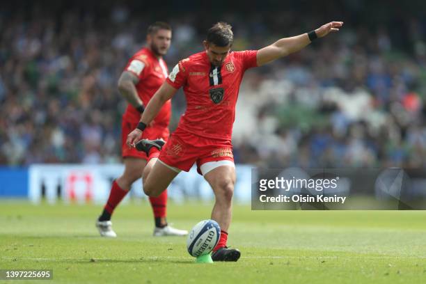 Thomas Ramos of Stade Toulousain kicks a conversion during the Heineken Champions Cup Semi Final match between Leinster Rugby and Stade Toulousain at...