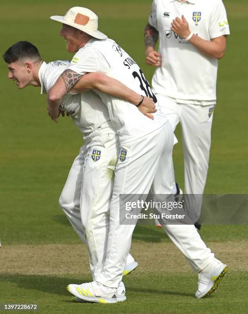 Durham bowler Matthew Potts celebrates with Ben Stokes after taking the wicket of Andrew Salter during the LV= Insurance County Championship match...