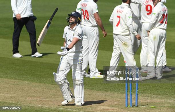 Durham batsman Scott Borthwick reacts after being dismissed by Marnus Labuschagne for 90 runs during the LV= Insurance County Championship match...