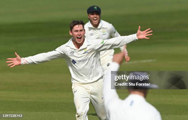 Glamorgan bowler Marnus Labuschagne celebrates after taking the wicket of Ben Stokes during the LV= Insurance County Championship match between...