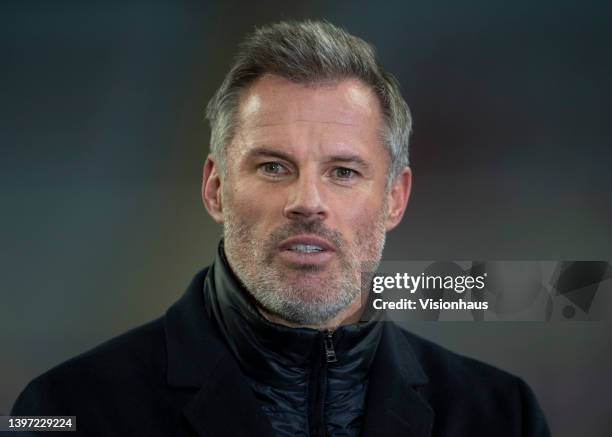 Sky Sports commentator and pundit Jamie Carragher after the Premier League match between Aston Villa and Liverpool at Villa Park on May 10, 2022 in...