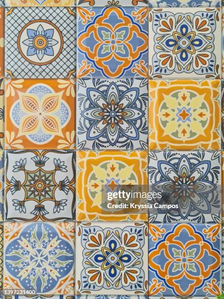 texture with floral decorated ceramic tiles - portuguese tiles stock pictures, royalty-free photos & images