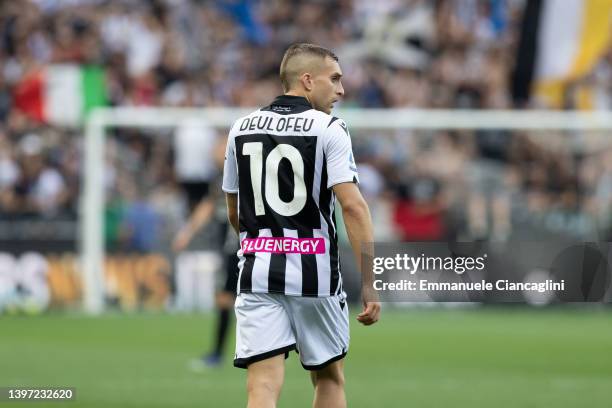 Gerard Deulofeu of Udinese Calcio looks on during the Serie A match between Udinese Calcio and Spezia Calcio at Dacia Arena on May 14, 2022 in Udine,...