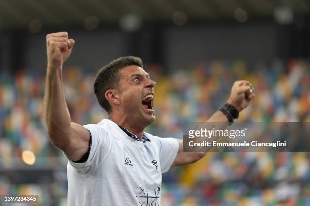 Thiago Motta, Manager of Spezia Calcio celebrate after winning during the Serie A match between Udinese Calcio and Spezia Calcio at Dacia Arena on...