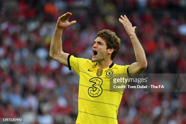 Marcos Alonso of Chelsea celebrates after scoring their side's first penalty in the penalty shoot out during The FA Cup Final match between Chelsea...