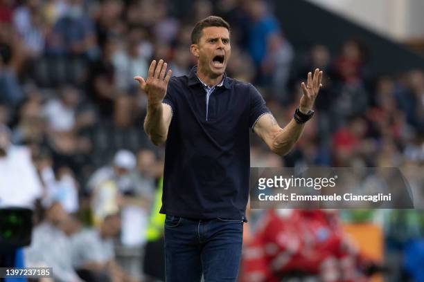 Thiago Motta, Manager of Spezia Calcio gestures during the Serie A match between Udinese Calcio and Spezia Calcio at Dacia Arena on May 14, 2022 in...