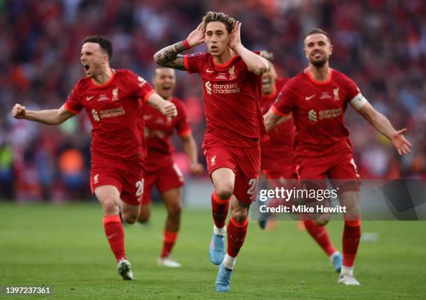 Kostas Tsimikas of Liverpool celebrates following their team's victory in the penalty shoot out during The FA Cup Final match between Chelsea and...