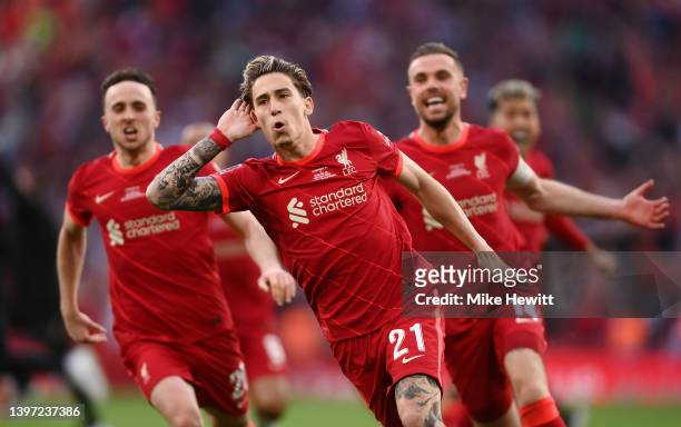 Kostas Tsimikas of Liverpool celebrates following their team's victory in the penalty shoot out during The FA Cup Final match between Chelsea and...