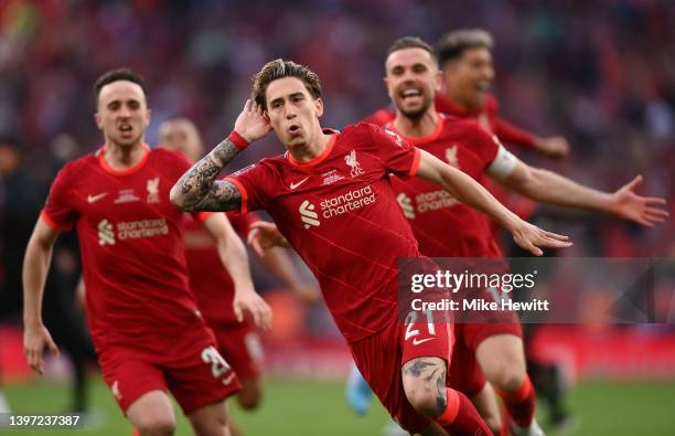 Kostas Tsimikas of Liverpool celebrates following their team's victory in the penalty shoot out during The FA Cup Final match between Chelsea and...