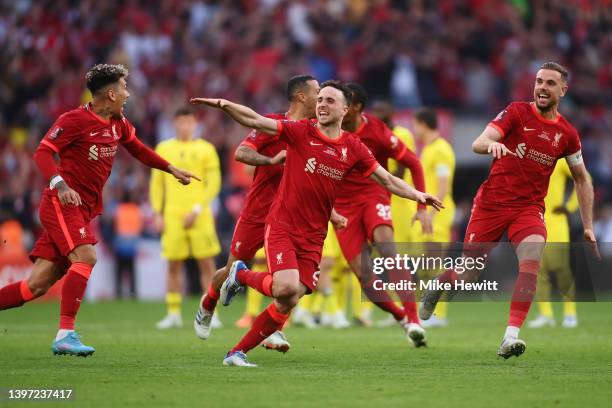 Roberto Firmino, Diogo Jota, Thiago Alcantara and Jordan Henderson of Liverpool celebrates following their team's victory in the penalty shoot out...