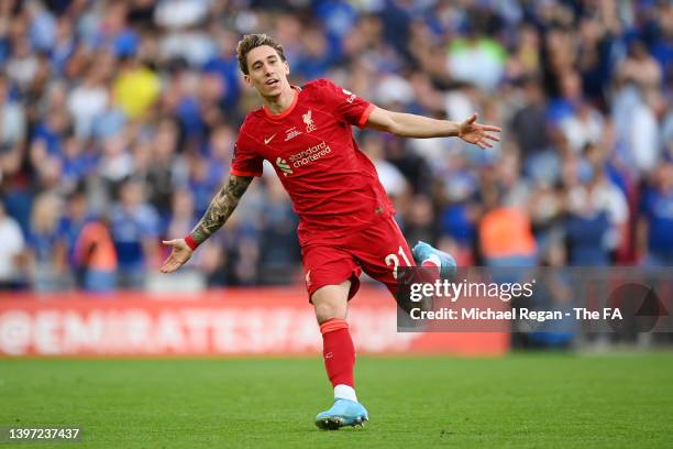 Kostas Tsimikas of Liverpool celebrates after scoring the winning penalty in the penalty shoot out during The FA Cup Final match between Chelsea and...