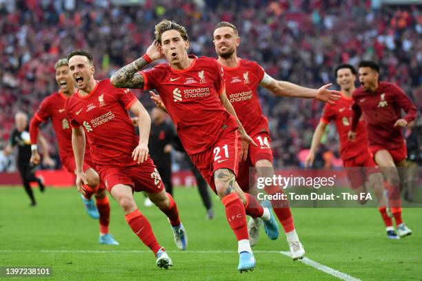 Kostas Tsimikas of Liverpool celebrates following their team's victory in the penalty shoot out during The FA Cup Final match between Chelsea and...