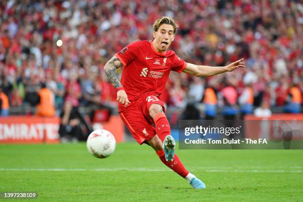 Kostas Tsimikas of Liverpool scores their sides winning penalty in the penalty shoot out during The FA Cup Final match between Chelsea and Liverpool...