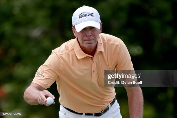 Steve Stricker reacts after making birdie on the eighth green during the third round of the Regions Tradition at Greystone Golf and Country Club on...