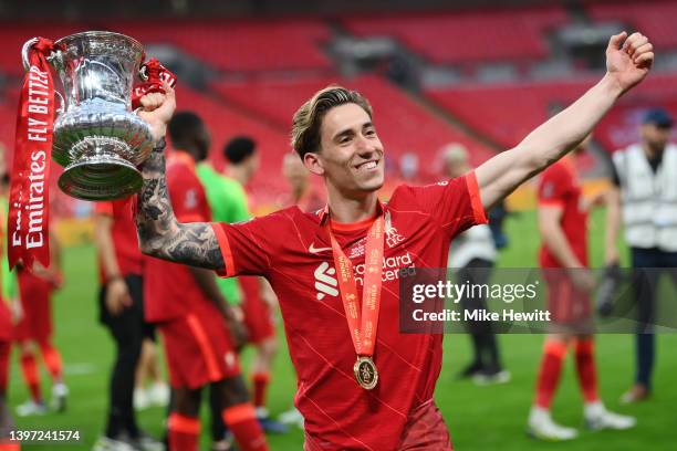 Kostas Tsimikas of Liverpool celebrates with The Emirates FA Cup trophy after their sides victory during The FA Cup Final match between Chelsea and...