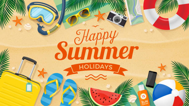 happy summer holidays with beach summer accessories. - beach stock illustrations