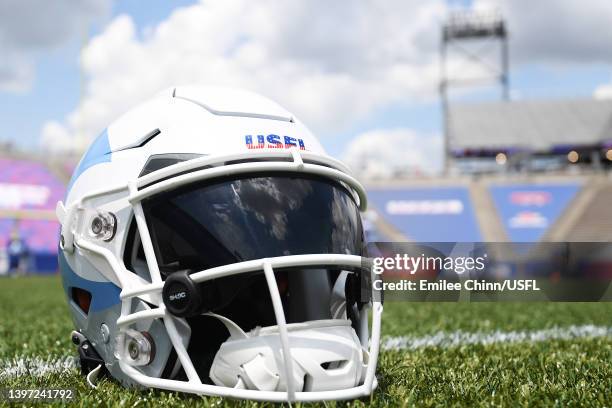 Detail image of a New Orleans Breakers helmet on the field before the game against the New Jersey Generals at Protective Stadium on May 14, 2022 in...