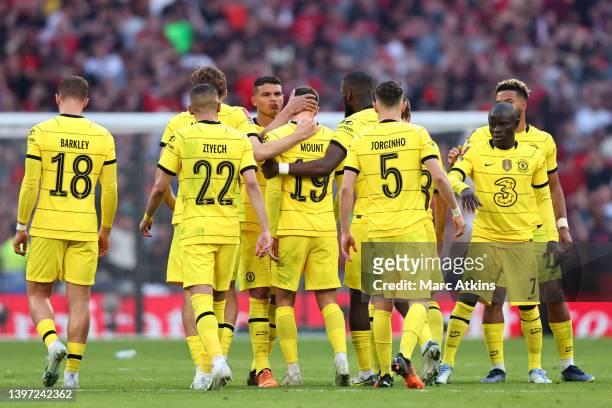 Chelsea players console teammate Mason Mount of Chelsea after he misses a decisive penalty in the penalty shoot out during The FA Cup Final match...