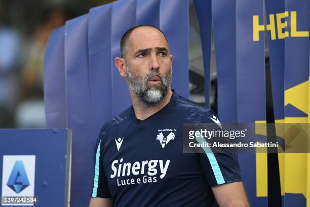 Igor Tudor head coach of Hellas Verona looks on during the Serie A match between Hellas and Torino FC at Stadio Marcantonio Bentegodi on May 14, 2022...