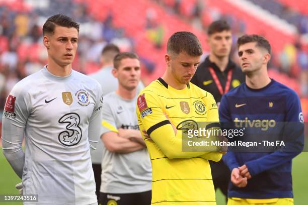 Kepa Arrizabalaga and Mason Mount of Chelsea look dejected following their side's defeat in The FA Cup Final match between Chelsea and Liverpool at...