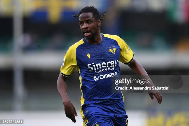 Adrien Tameze of Hellas Verona looks on during the Serie A match between Hellas and Torino FC at Stadio Marcantonio Bentegodi on May 14, 2022 in...