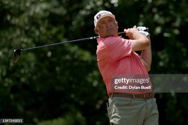 Ken Duke plays his shot from the sixth tee during the third round of the Regions Tradition at Greystone Golf and Country Club on May 14, 2022 in...