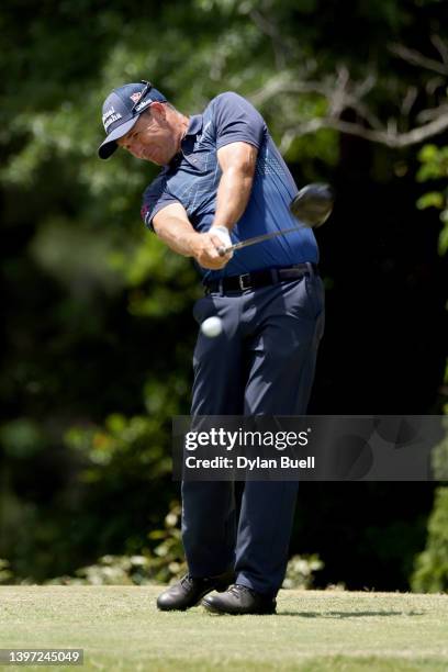 Padraig Harrington of Ireland plays his shot from the ninth tee during the third round of the Regions Tradition at Greystone Golf and Country Club on...