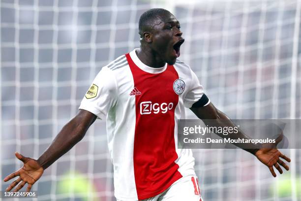 Brian Brobbey of Ajax celebrates after scoring their side's fourth goal during the Dutch Eredivisie match between Ajax and sc Heerenveen at Johan...