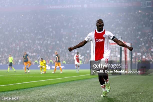 Brian Brobbey of Ajax celebrates after scoring their side's fourth goal during the Dutch Eredivisie match between Ajax and sc Heerenveen at Johan...