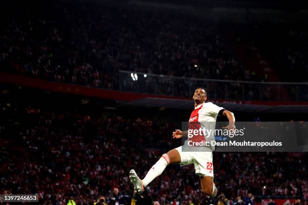 Sebastien Haller of Ajax celebrates after scoring their side's third goal during the Dutch Eredivisie match between Ajax and sc Heerenveen at Johan...