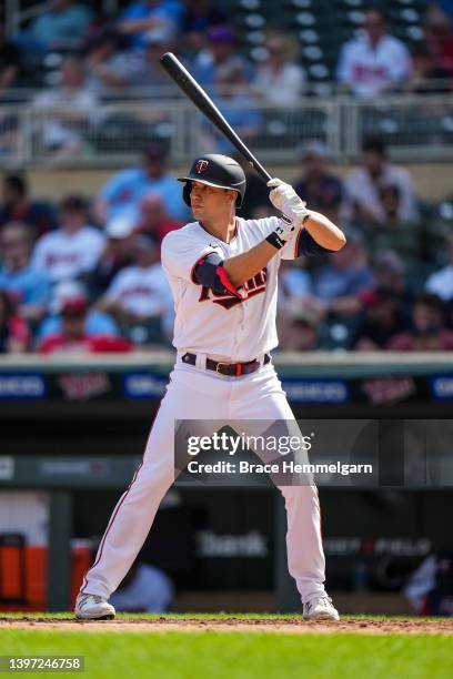 Alex Kirilloff of the Minnesota Twins bats against the Houston Astros during game two of a doubleheader on May 12, 2022 at Target Field in...