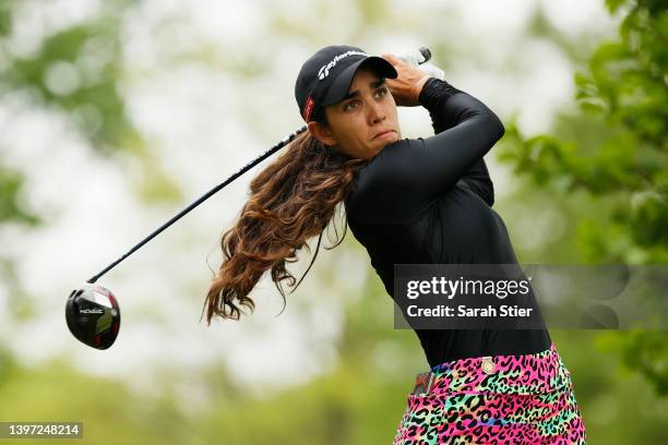 Maria Fassi of Mexico hits their shot on the 2nd tee during the third round of the Cognizant Founders Cup at Upper Montclair Country Club on May 14,...