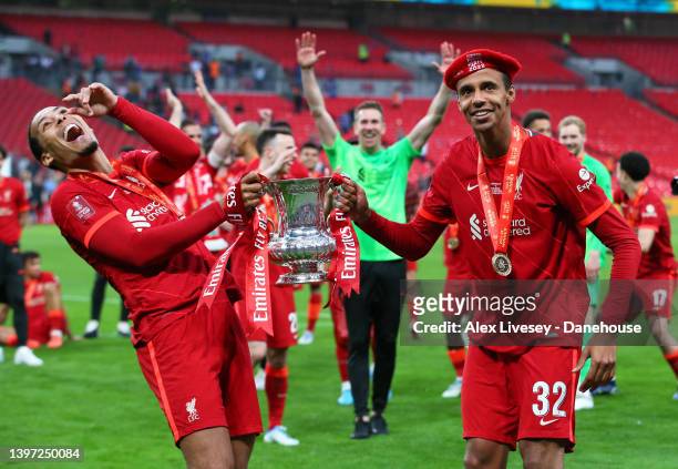 Virgil Van Dijk and Joel Matip of Liverpool celebrate winning the FA Cup after the FA Cup Final match between Chelsea and Liverpool at Wembley...