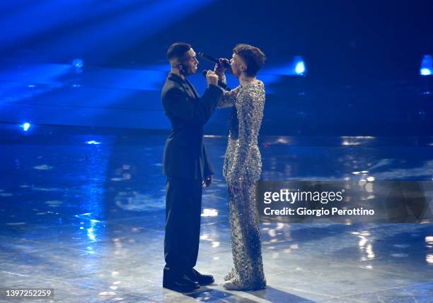 Mahmood & Blanco, representing Italy, perform on stage during the Grand Final show of the 66th Eurovision Song Contest at Pala Alpitour on May 14,...
