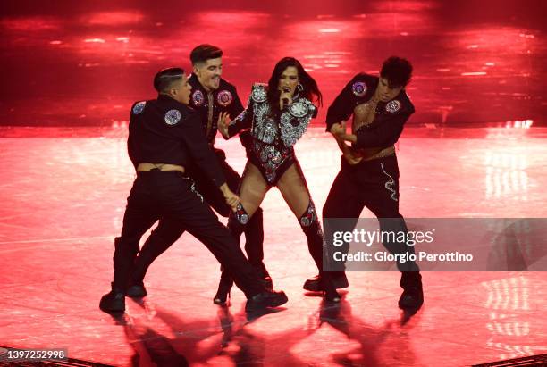 Chanel from Spain sings the song "SloMo" during the Grand Final show of the 66th Eurovision Song Contest at Pala Alpitour on May 14, 2022 in Turin,...