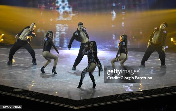 Chanel from Spain sings the song "SloMo" during the Grand Final show of the 66th Eurovision Song Contest at Pala Alpitour on May 14, 2022 in Turin,...