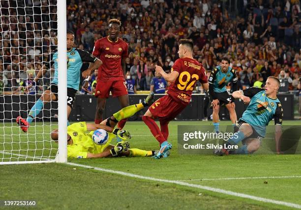 Niki Maenpaa goalkeeper of Venezia FC catches the ball during the Serie A match between AS Roma and Venezia FC at Stadio Olimpico on May 14, 2022 in...