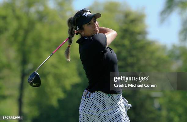 Gerina Mendoza hits her drive on the seventh hole during the first round of the Cognizant Founders Cup at Upper Montclair Country Club on May 12,...