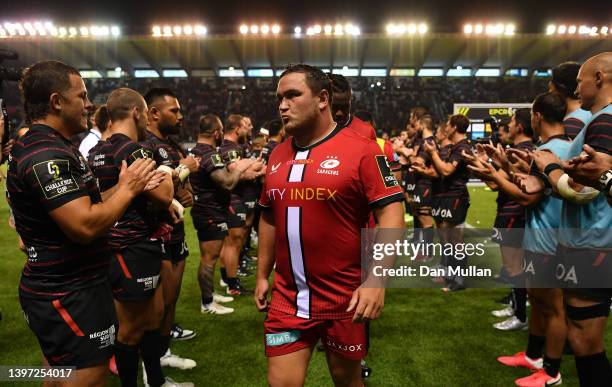 Jamie George of Saracens leads the team off the field following their defeat during the EPCR Challenge Cup Semi Final match between RC Toulon and...