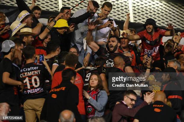 Charles Ollivon of Toulon celebrates in with the crowd following the EPCR Challenge Cup Semi Final match between RC Toulon and Saracens at Stade...