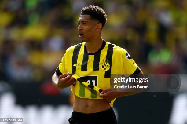 Jude Bellingham of Dortmund is seen during the Bundesliga match between Borussia Dortmund and Hertha BSC at Signal Iduna Park on May 14, 2022 in...