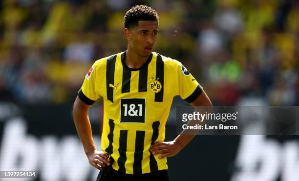 Jude Bellingham of Dortmund is seen during the Bundesliga match between Borussia Dortmund and Hertha BSC at Signal Iduna Park on May 14, 2022 in...