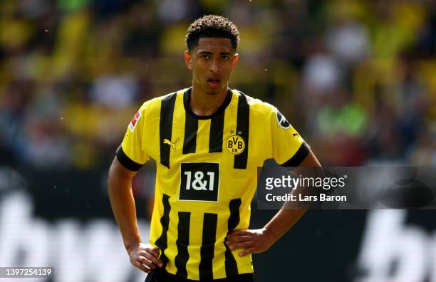 Jude Bellingham of Dortmund is seen during the Bundesliga match between Borussia Dortmund and Hertha BSC at Signal Iduna Park on May 14, 2022 in...