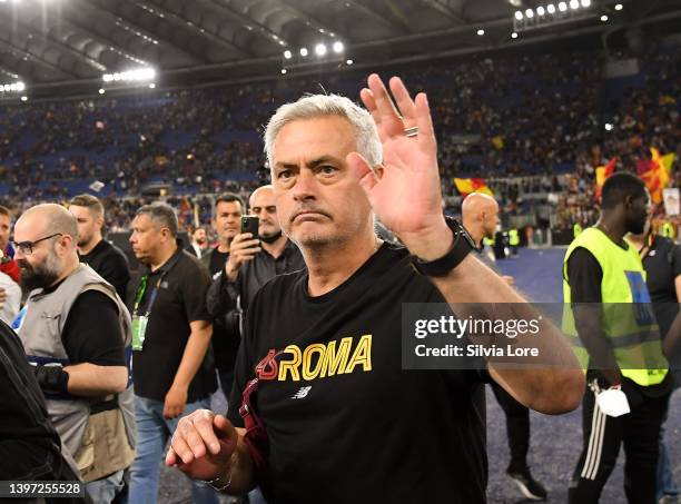 Jose Mourinho head coach of AS Roma greets the fans under Curva sud after the Serie A match between AS Roma and Venezia FC at Stadio Olimpico on May...