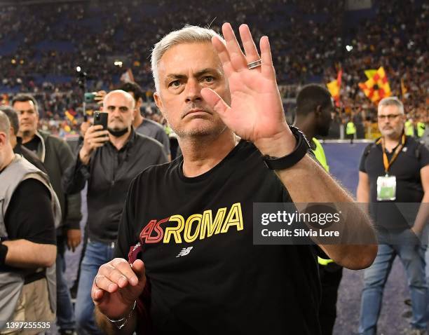 Jose Mourinho head coach of AS Roma greets the fans under Curva sud after the Serie A match between AS Roma and Venezia FC at Stadio Olimpico on May...