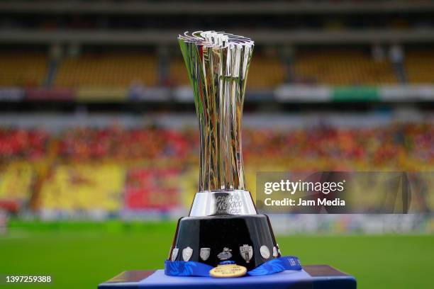 The trophy of Liga Expansion MX is displayed prior to the final second leg match between Atletico Morelia and Cimarrones as part of the Torneo Grita...