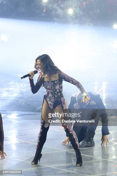 Chanel, representing Spain, performs during the Grand Final show of the 66th Eurovision Song Contest at Pala Alpitour on May 14, 2022 in Turin, Italy.